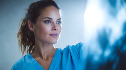 A focused medical professional in blue scrubs examines an illuminated X ray in a bright clinical setting