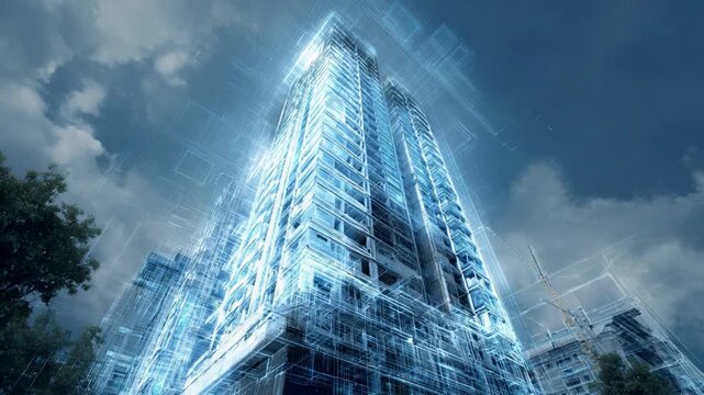 Blueprint Skyscraper: This image showcases the detailed architectural framework of a skyscraper, rendered in a striking blueprint style, set against a dynamic cloudy sky. 