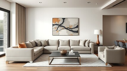Contemporary living room featuring neutral sofa and abstract art, highlighting elegant modern architecture.