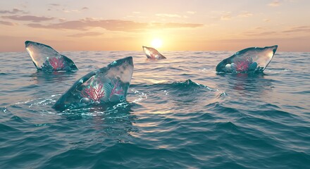 Fototapeta premium Sharks swimming in the ocean during sunset with fins emerging from the water