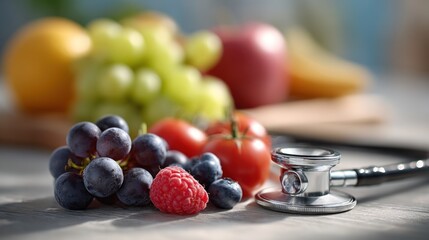 Fruits, stethoscope: a concept image to represent healthy food and health benefits