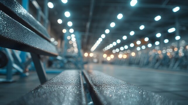 The metallic bench in the gym reflects the soft lights above in this out of focus workout environment.