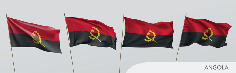 Set of Angola waving flag on isolated background vector illustration. 4 red Angolan wavy realistic flag as a patriotic symbol