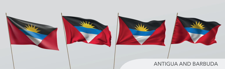 Set of Antigua and Barbuda waving flag on isolated background vector illustration. 4 red Antiguan wavy realistic flag as a patriotic symbol
