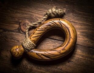 Carved wooden hook on a dark wooden surface