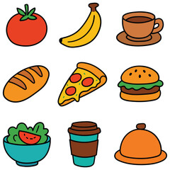 Hand-drawn cartoon food icon set isolated on white background. Tomato, banana, coffee cup, loaf of bread, slice of pizza, hamburger, salad, paper cup, dish. Vector illustration.