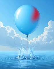 A light-blue balloon on a pin, submerged in water with a splash