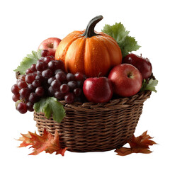 Cornucopia basket carefully filled with pumpkins and fruits isolated on transparent background for autumn harvest decoration