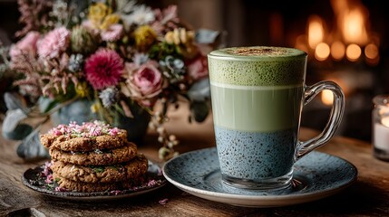 A layered matcha latte sits beside cookies and flowers creating a warm and inviting cozy atmosphere.