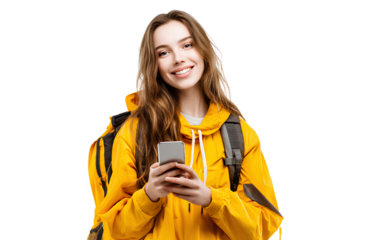 a young, smiling woman holding her phone, looking at the screen and wearing casual with a yellow backpack on a white background. transparent png.