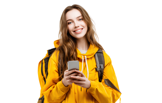 a young, smiling woman holding her phone, looking at the screen and wearing casual with a yellow backpack on a white background. transparent png.