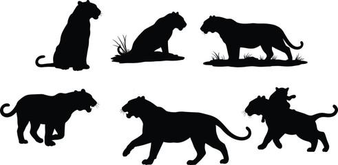 PrintBig cat silhouette, wild animal illustration, tiger lion panther jaguar, wildlife vector art, predator pose collection, jungle safari design element