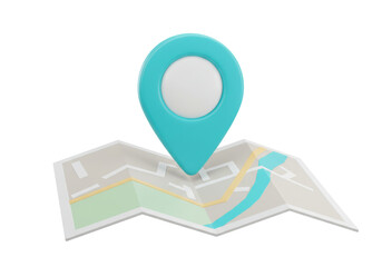 Isolated location pin marker above crumpled map, destination guidance tool, navigation aid