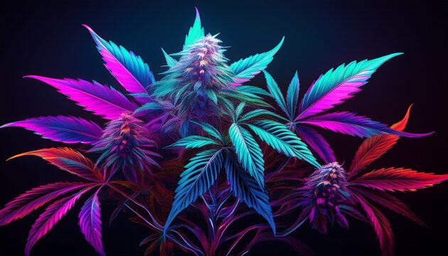 purple green marijuana plant on black background colored neon large leaves and buds of cannabis hemp hemp bush and empty space for text