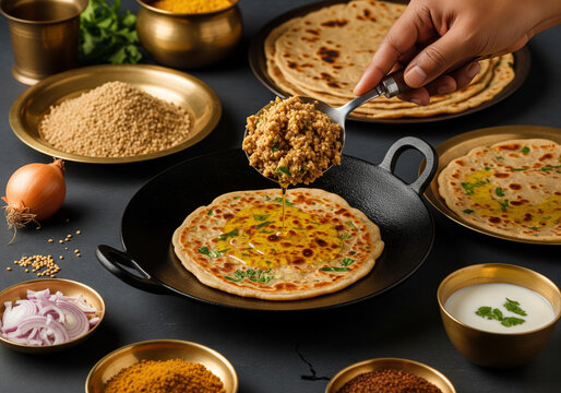 Serving Thalipeeth: Hand Drizzling Ghee and Bhajani Mix on a Sizzling Multigrain Flatbread