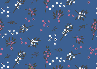 Seamless pattern with pink and white flowers under blue background