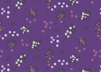 Seamless pattern with pink and white flowers under purple background