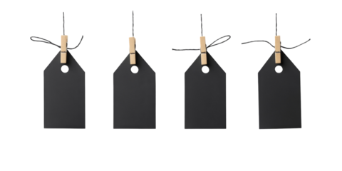 Four black blank hanging tags with wooden clothespins on a string
