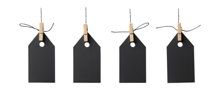 Four black blank hanging tags with wooden clothespins on a string
