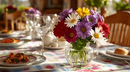 Naklejka premium Colorful daisy bouquet centerpiece decorates the table set for a bright and cheerful dinner party at home.