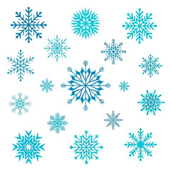 Collection of various detailed snowflakes in shades of blue, perfect for winter designs.