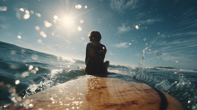 Surfer patiently waiting for the perfect wave, ocean view, sunny day, freedom, coastal lifestyle.