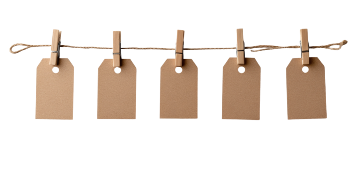 Blank brown paper tags hanging on twine with clothespins