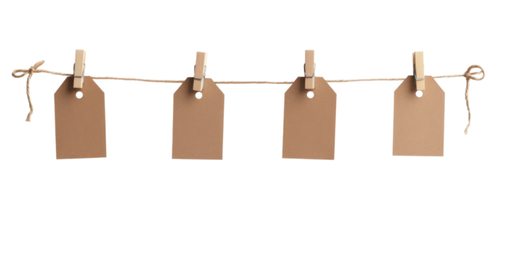 Blank cardboard tags hanging on string with wooden clothespins