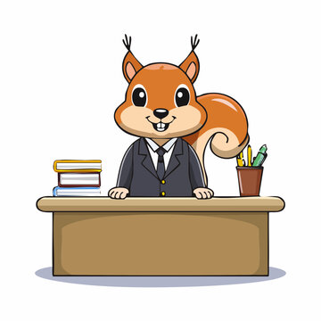 A squirrel in a tiny suit sitting at a desk with miniature office supplies.