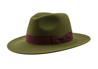 Isolated Olive Green Fedora with Burgundy Ribbon stylish hat for stylish men or women