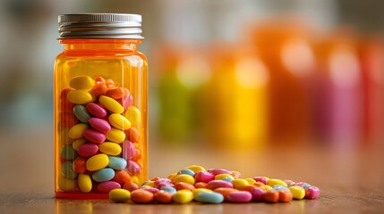 An orange prescription bottle spills brightly colored pills onto a wooden surface in soft focus setting.