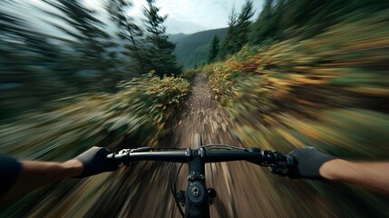 First-person view of mountain biking down a forest trail, speed and adventure concept
