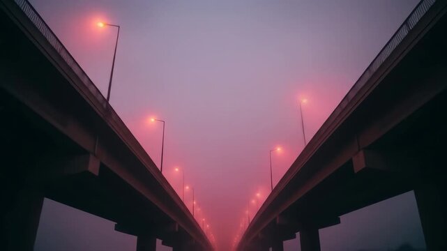 symmetrical view of two parallel bridges disappearing into thick pink fog. glowing streetlights create moody, atmospheric urban landscape. background for web, music cover.