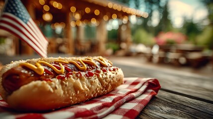 A patriotic hot dog covered with mustard and ketchup sits on a checkered cloth near a blurred outdoor setting.