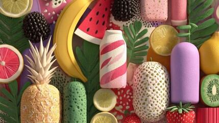 Artistic 3D rendering of diverse tropical fruits and plant elements composition