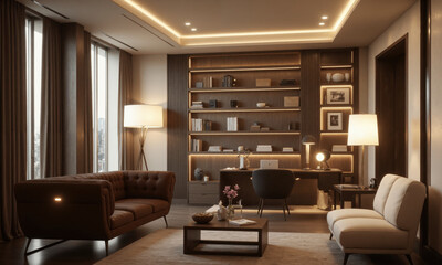 Elegant office lounge with plush seating, a sleek wooden coffee table, and decorative lighting. Task lighting is placed above the desk for focused