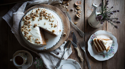 Whole Carrot Cake with Walnuts, Rustic Flat Lay
