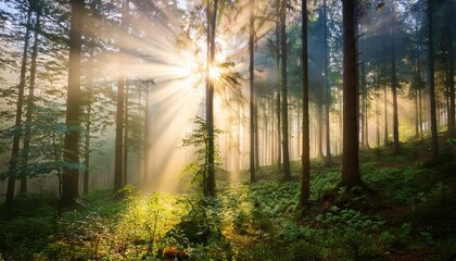 Obraz premium sunlight streams through a misty forest 1