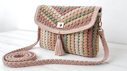 Handmade crochet shoulder bag with tassel and metal clasp