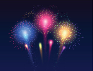 Colorful Fireworks Exploding in Dark Sky with Pink, Blue, and Yellow Sparkles for New Year, Festival, and Holiday Celebration
