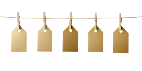 Blank brown tags hanging on clothesline with wooden clips