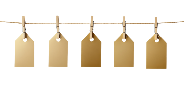 Blank brown tags hanging on clothesline with wooden clips