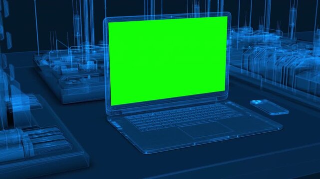 Futuristic Digital Interface with Green Screen Laptop Mockup.