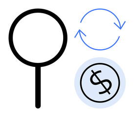 Magnifying glass for search, dollar sign for money, circular arrows for cycle. Ideal for finance, business, data analysis, investment, economics, search optimization simple flat metaphor