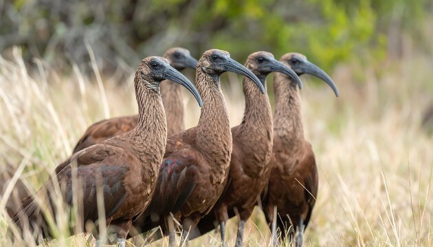 Five birds in a row in tall grass - Powered by Adobe