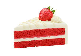 Isolated slice of red velvet cake with white frosting and strawberry on top, dessert