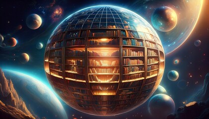 celestial library a cosmic archive a spherical library floats in space symbolizing knowledge preservation exploration infinity and cosmic wonder
