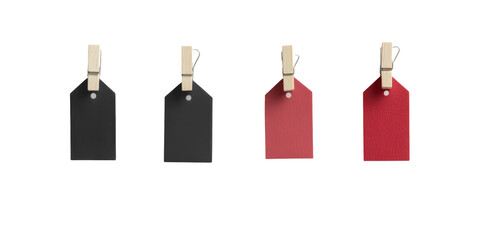 Black and red tags with wooden clothespins in a row