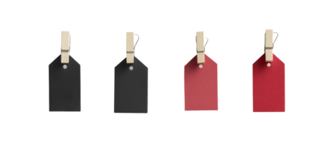 Black and red tags with wooden clothespins in a row