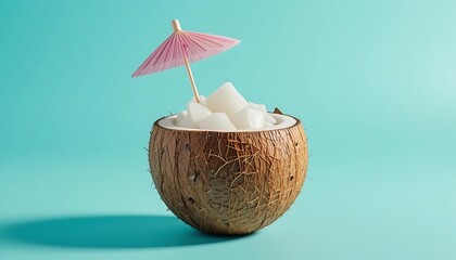 Refreshing coconut drink with pink umbrella on teal background perfect for summer tropics